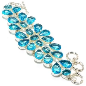 Swiss Blue Topaz Gemstone Handmade 925 Sterling Silver Jewelry Bracelet Sz 7-8" - Picture 1 of 2