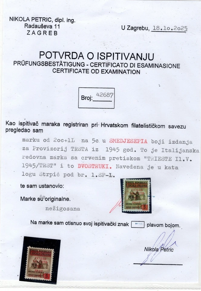 Yugoslavia Italy 1945 Trieste DD double overprint MNH - certificated - Image 1 of 1