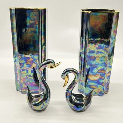 Lee Roy Cain Vintage Ceramic Pottery 2 Vases/Swans Iridescent Metallic Glaze - image 1 of 4