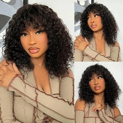 14" Curly Bob Wig with Bangs Human Hair Glueless Natural Color - Image 1 of 4