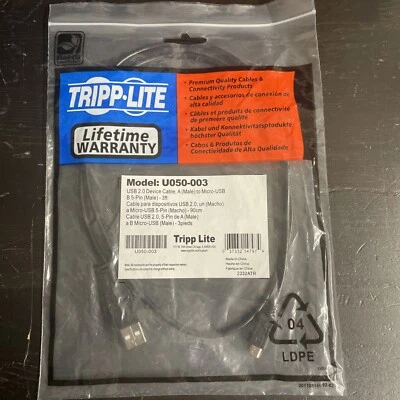 Tripp Lite Black 3ft USB-2.0 Hi Speed A to Micro-B USB Male/Male Cable 3' - Image 1 of 3