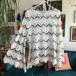 MARC BOUWER size M White & Black Crochet Lace Bell Sleeve Boho Hippie Tunic - Picture 1 of 4