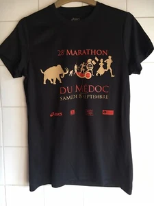 Women's Asics 2012 28e Marathon Du Medoc Black Running Top France Rare Medium - Picture 1 of 8