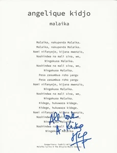Angelique Kidjo REAL hand SIGNED Malaika Lyric Sheet #2 COA Autographed - Picture 1 of 1