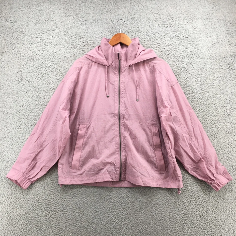 Chaqueta cortavientos Eddie Bauer con capucha para mujer L púrpura cremallera simulada cuello bolsillos Foto 1 de 4