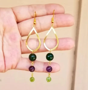 Gold Teardrop Earrings, Emerald Jade Earrings, Amethyst Earrings, Peridot Beads - Picture 1 of 5