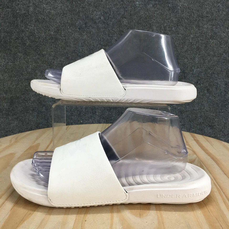 Sandalias Under Armour para mujer 8 Ansa correderas fijas planas blancas punta abierta 3023772-101 Foto 1 de 4