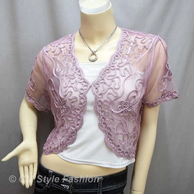 Bolero Top Rosa L~XL Elegante Apliques Bordado Malla Encogerse de hombros Foto 1 de 4