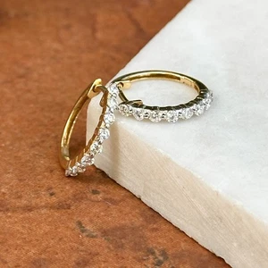 14KT Yellow Gold .16CT Diamond Round Huggie Hoop Earrings Small - Picture 1 of 8