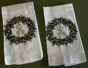 Weihnachten Monogramm R weiß Leinen Hohlsaum bestickt Kranz Handtuch Set 2 - Bild 1 von 6