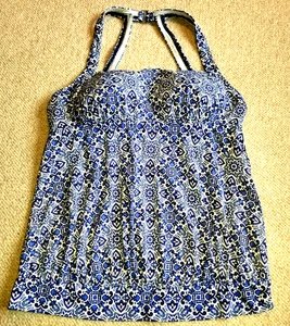 Womens Swim Suit-LANDS' END-blue/white patterned tankini top racerback-14 - Picture 1 of 6