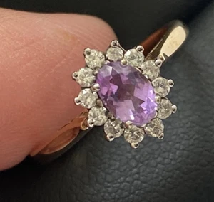 VINTAGE 9CT GOLD AMETHYST RING DIAMOND HALO CLUSTER - SIZE O - Picture 1 of 11