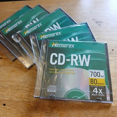 Lot 5 Blank Memorex CD-RW 700 MB New Sealed 80 Minute CD Disc Write 4x Speed NEW - Image 1 of 2