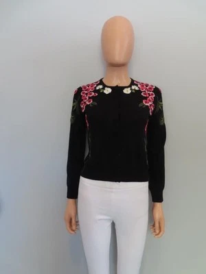 Cárdigan Suéter Oscar de la Renta Negro/Multicolor Floral Bordado Talla S Foto 1 de 4