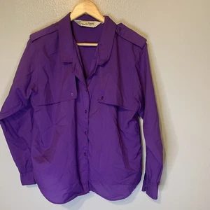 Diane von Furstenberg Top Womens 14 Purple Epaulettes Roll Tab Button Up Vintage - Picture 1 of 14