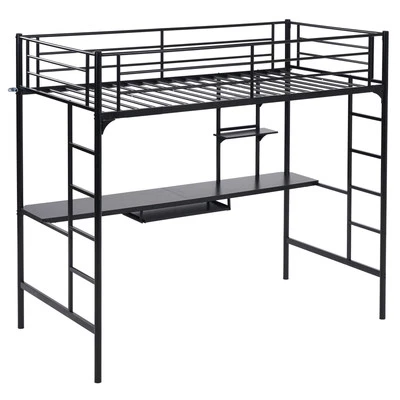Cama tipo loft de metal de doble tamaño de alta resistencia con escritorio para computadora + estantes para libros y escalera Foto 1 de 4