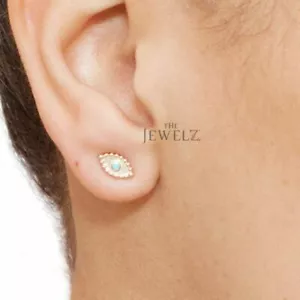14K Gold December Birthstone Turquoise Evil Eye Beaded Studs Earrings - Picture 1 of 5