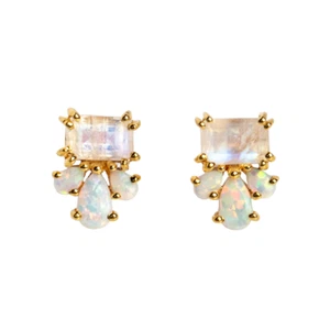 NATURAL MOONSTONE OPAL GEMSTONE 925 STERLING SILVER CLUSTER WOMENS STUD EARRING - Picture 1 of 3