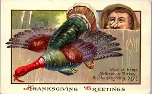 Vintage Thanksgiving Postcard Creepy Man looking over Fence Turkey Great Art!  - Picture 1 of 4