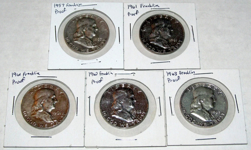 Franklin Half Dollar 90% Silver Proof Lot (x5)  Mirror Finish  SEE PICS - Image 1 of 3