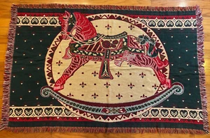 Vintage ROCKING CAROUSEL HORSE Tapestry THROW BLANKET Red 67x43 READ CONDITION - Picture 1 of 9