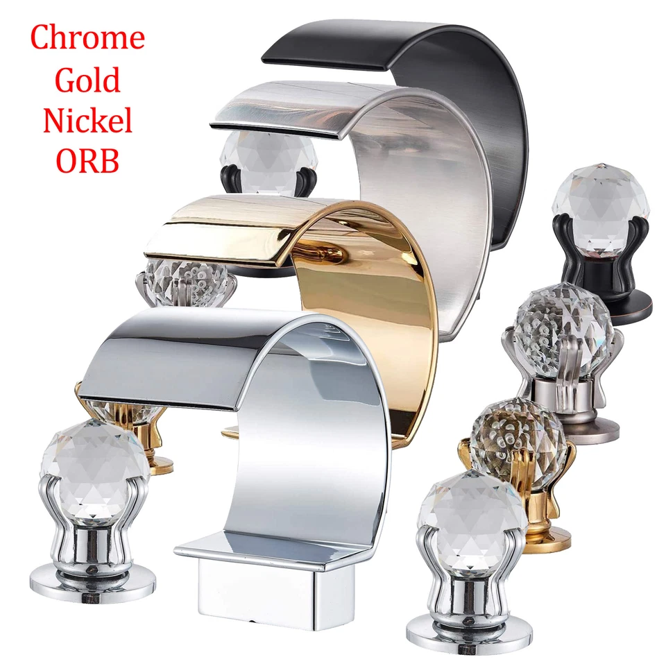 Waterfall Spout Bathroom Faucet Widespread Sink Tub Two Crystal Handle Mixer Tap - Image 1 of 1