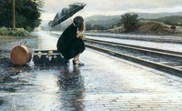 Oil painting young girl holding umbrella in rainy day In the train station 36"