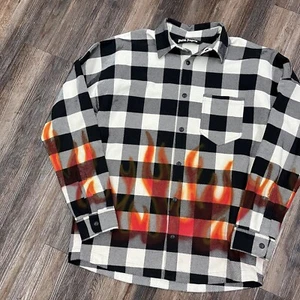 Palm Angels schwarz weiß kariertes Langarm Flanellhemd mit Flammen - Bild 1 von 20