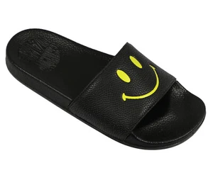 CHINATOWN MARKET Youth Happy Face Slide Sandals sz 6Y Black Yellow - Picture 1 of 3