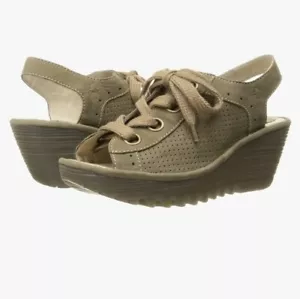 WOMENS FLY LONDON GRAY SUEDE GROMMET LACE PLATFORM WEDGE SANDALS 39 US 9 M - Picture 1 of 11