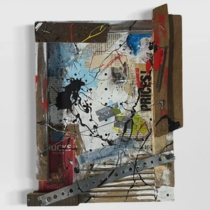 Original Abstrakte Collage Assemblage Kombinieren Kunst Gemälde 11x13 "Bucks" - Bild 1 von 8