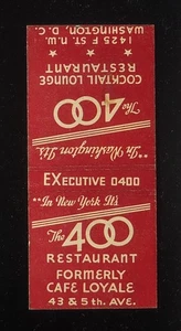 1940s The 400 Restaurant Ex Cafe Loyale Cocktail Lounge Washington DC NYC - Foto 1 di 2