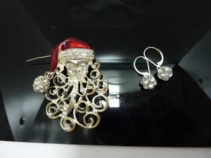 Santa Claus Silver Rhinestone Christmas Brooch Pin/Clip On Earrings Set - Picture 1 of 4