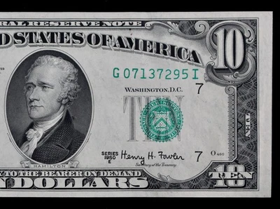 $10 1950E AU Federal Reserve Note G07137295I series E, ten dollar, Chicago G7 - Image 1 of 3