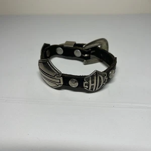 Vintage Harley Davidson Black Leather Bracelet Biker Cuff Metal Emblems 12” - Picture 1 of 14