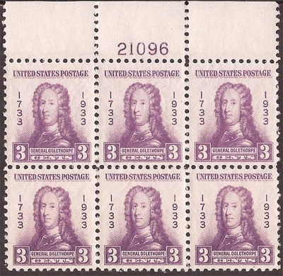 US Stamp 1933 Georgia Bicentennial Plate Block of 6 Stamps #726 VF MNH - Image 1 of 2