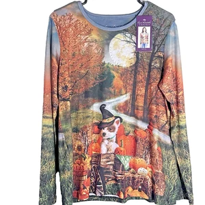 NWT Gloria Vanderbilt Studded Halloween Dog Witch Pumpkin Fall Trail Shirt - Med - Picture 1 of 7