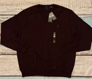 New Polo Ralph Lauren V-Neck Sweater Mens 2XL XXL Wool Red Pony Casual - Picture 1 of 7