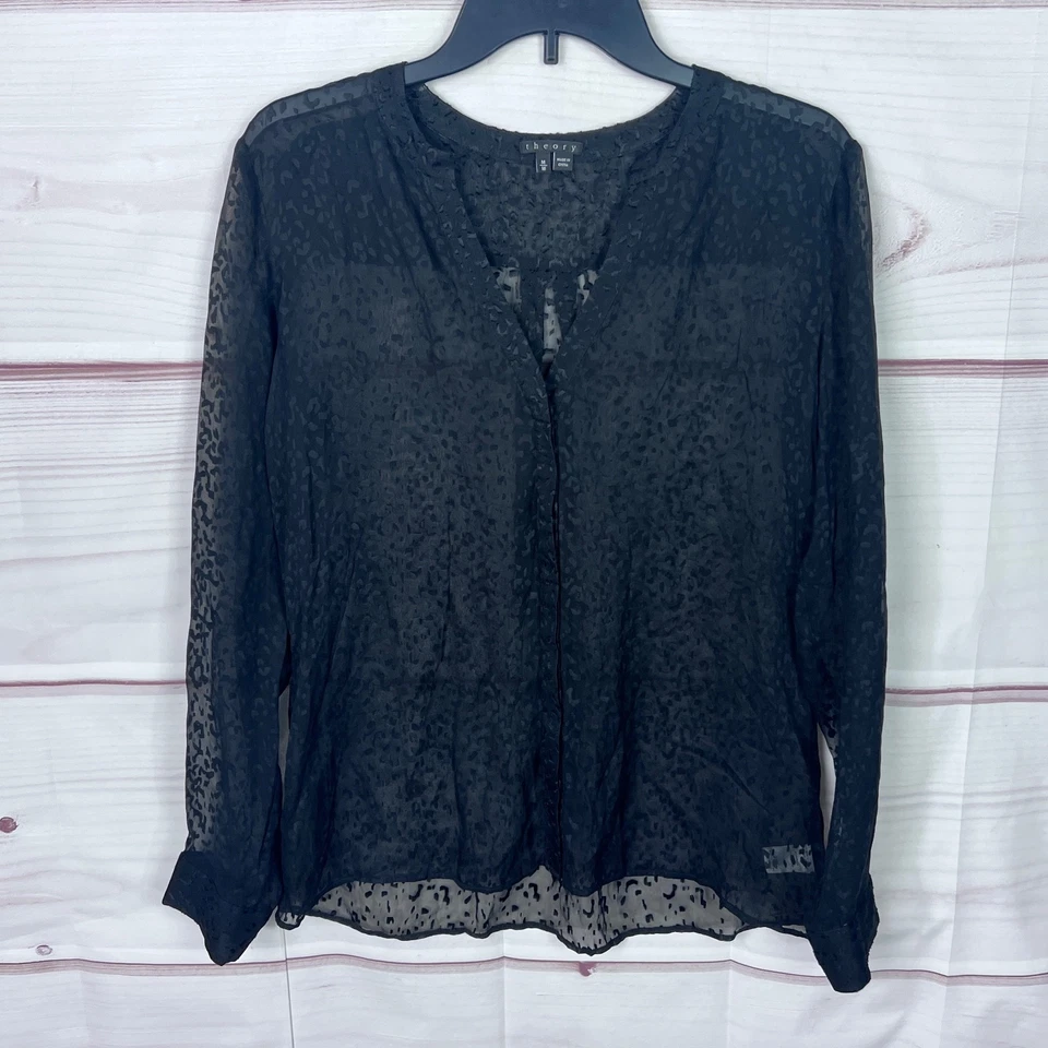Theory Top Womens M Black Leopard Burnout Blouse Silk Blend Sheer Long Sleeve - Image 1 of 4