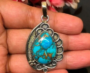 Blue Turquoise Gemstone Handmade 925 Sterling Silver Jewelry Pendant 1.75" - Picture 1 of 3