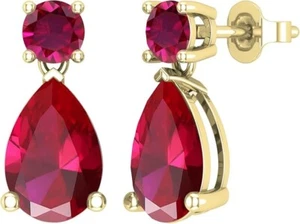 12x8mm Pear & Round Created Ruby Teardrop Dangle Earrings for Her in SILVER 925 - Picture 1 of 4