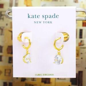 NWT Kate Spade Round brilliant Tri-Prong Huggies Earrings $48 Clear CZ Gold