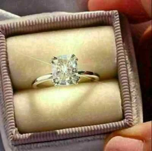 14K White Gold Over 2Ct Cushion Cut Lab Created Diamond Solitaire Wedding Ring - Picture 1 of 5