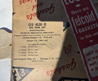 Juego de cacerolas de aceite Lincoln Zephyr 12 1941-48 nuevo de stock Fel-Pro OS 4530 D 1936-42 Foto 1 de 4