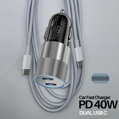 Cable cargador rápido de coche PD 40W doble USB-C tipo C para iPhone 15Plus 16e 17 Pro Max Foto 1 de 4