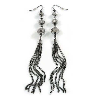 Long Hematite Crystal Chain Tassel Drop Earrings In Black Tone Metal - 13cm Long - Image 1 of 4