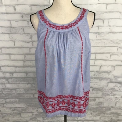 Talbots Blue Red Sleeveless Embroidered Top Shirt L Petite Boho Cottage Beachy - Image 1 of 4