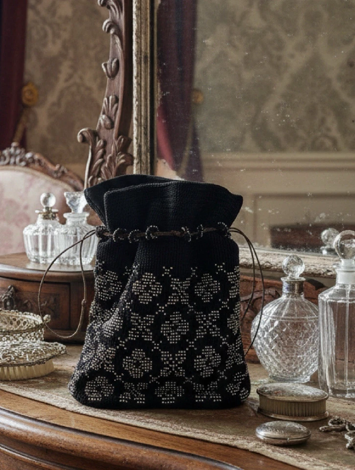 ANTIGA Bolsa Preta Contas de Aço Forro de Cetim Crochê Desenho Cordão ENCONTRO IMOBILIÁRIO - Imagem 1 de 4