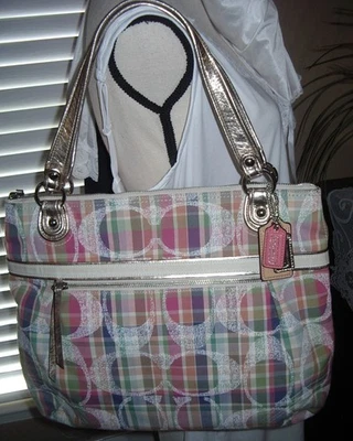 COACH POPPY GLAM MADRAS LARGE SIGNATURE GOLD TRIM HANDBAG 19611 EUC! - Image 1 of 4