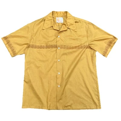Vtg Iolani Hawaii Shirt Mens Yellow Gold Collar Pockets Geometric Sz L Pau Press - Image 1 of 4